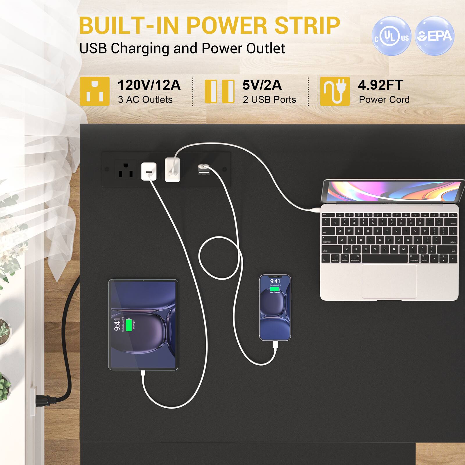 BUILT-IN POWER STRIP  
USB Charging and Power Outlet  

120V/12A  
3 AC Outlets  

5V/2A  
2 USB Ports  

4.92FT Power Cord  

UL US  
EPA