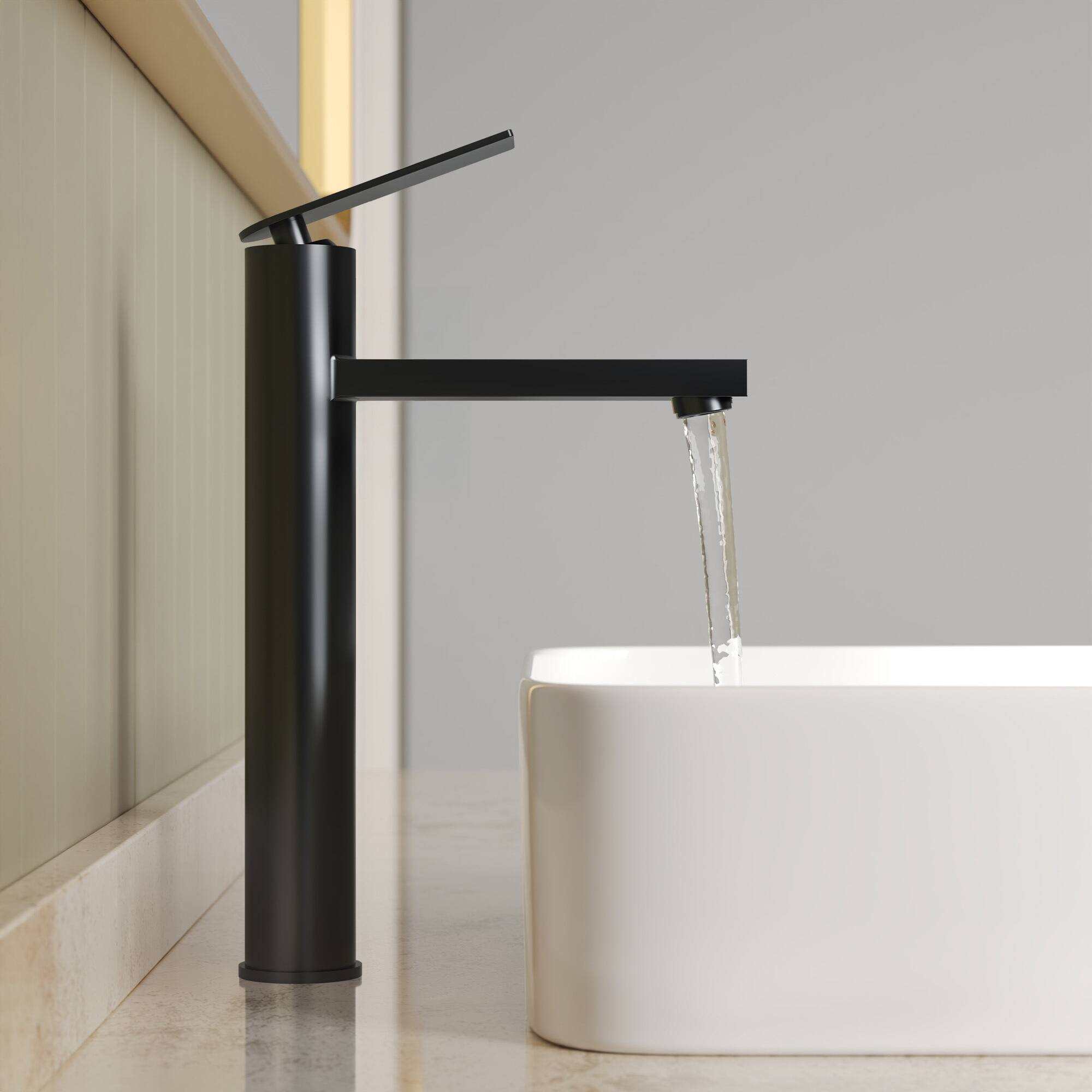 Left. GRANDJOY - Single Handle Vessel Bathroom Faucet with Pop-Up Drain, 12 in High-Arc Square Spout for Above Counter Sinks - Matte Black.