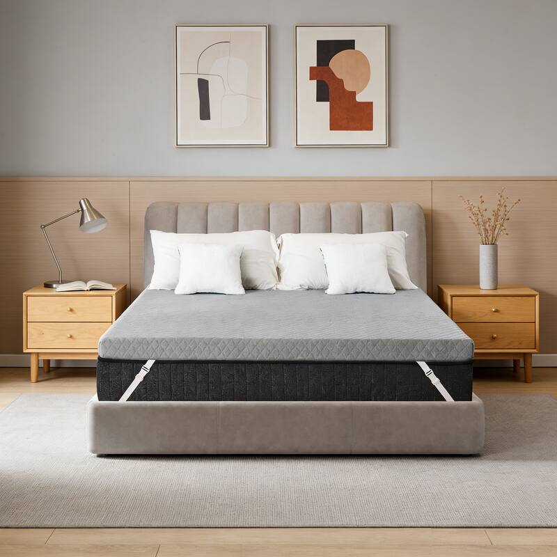 Left. Dyonery - 3" Firm to Extra Firm Memory Foam Mattress Topper Supportive Mattress Pad for Back Pain Relief, with Senior Grey Cover - Gray.