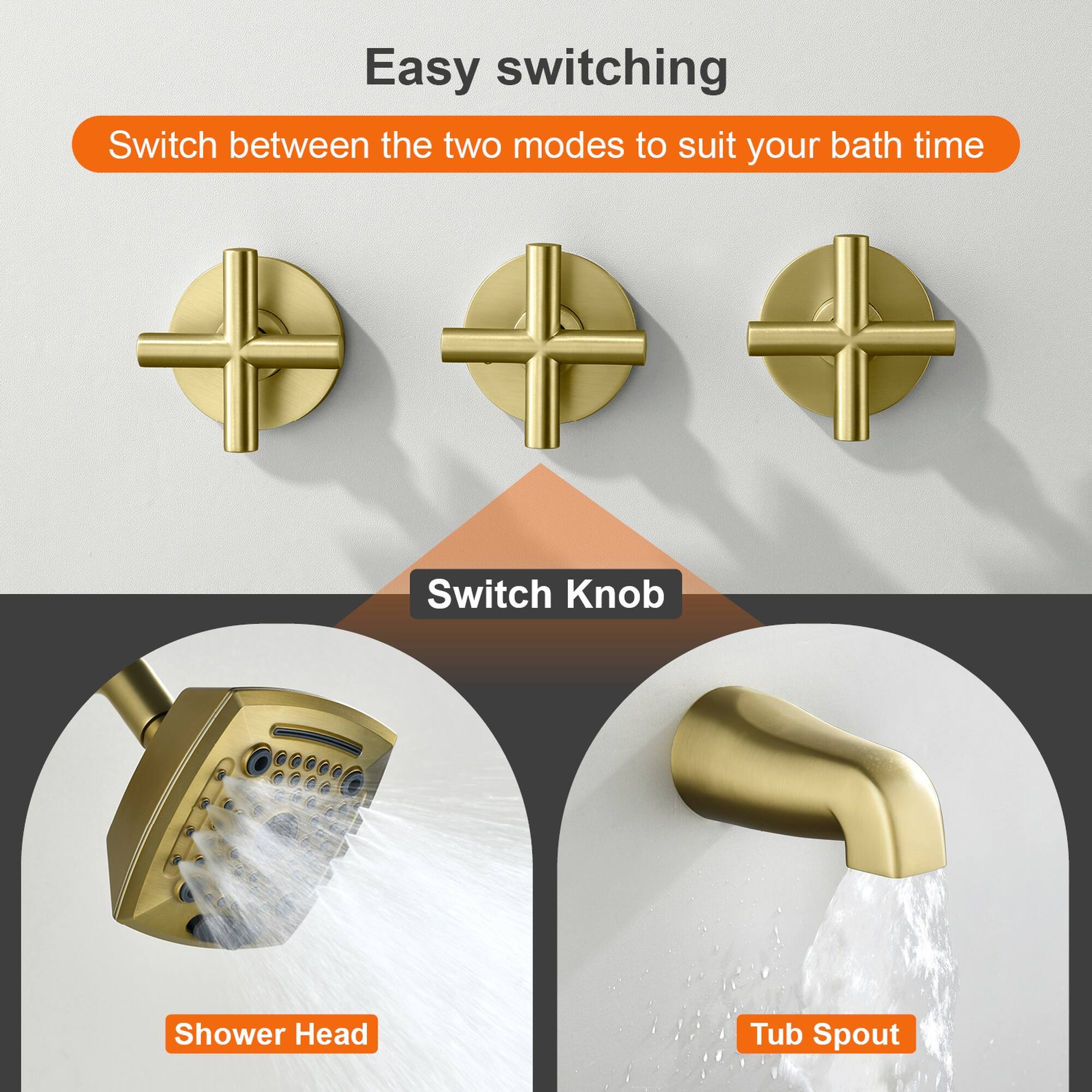 Easy switching  
Switch between the two modes to suit your bath time  

Switch Knob  
Shower Head  
Tub Spout
