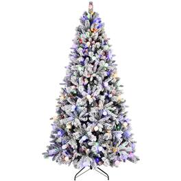 Ecooso - 7.5ft Flocked Christmas Tree,400 LED Lights, Hard Needle Hinged, 10 Lighting Modes, Foot Switch & Stable Metal Stand - White