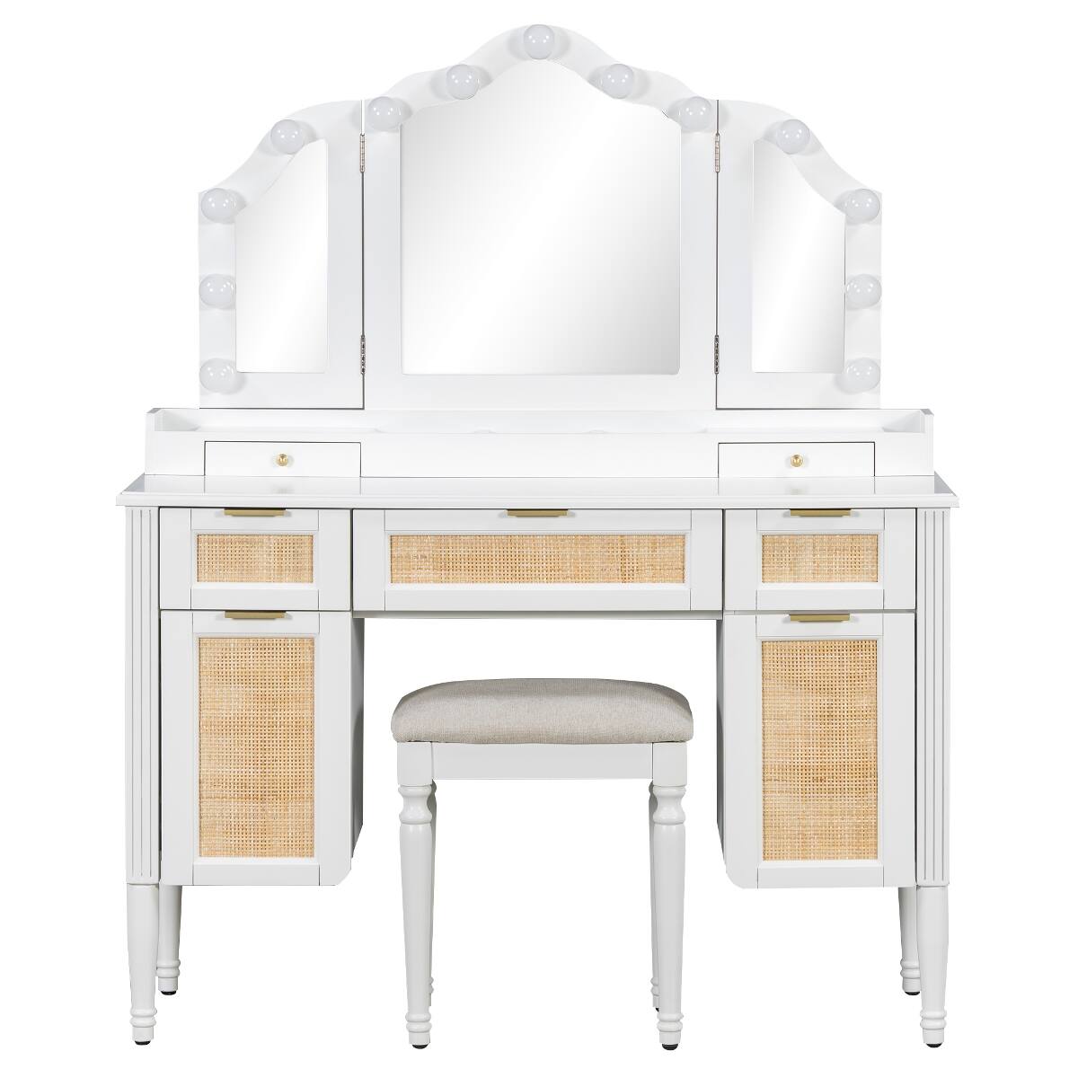 Alt View 10. Loheer - Loheer White Makeup Vanity with Tri Fold Mirror and Matching Stool - White.