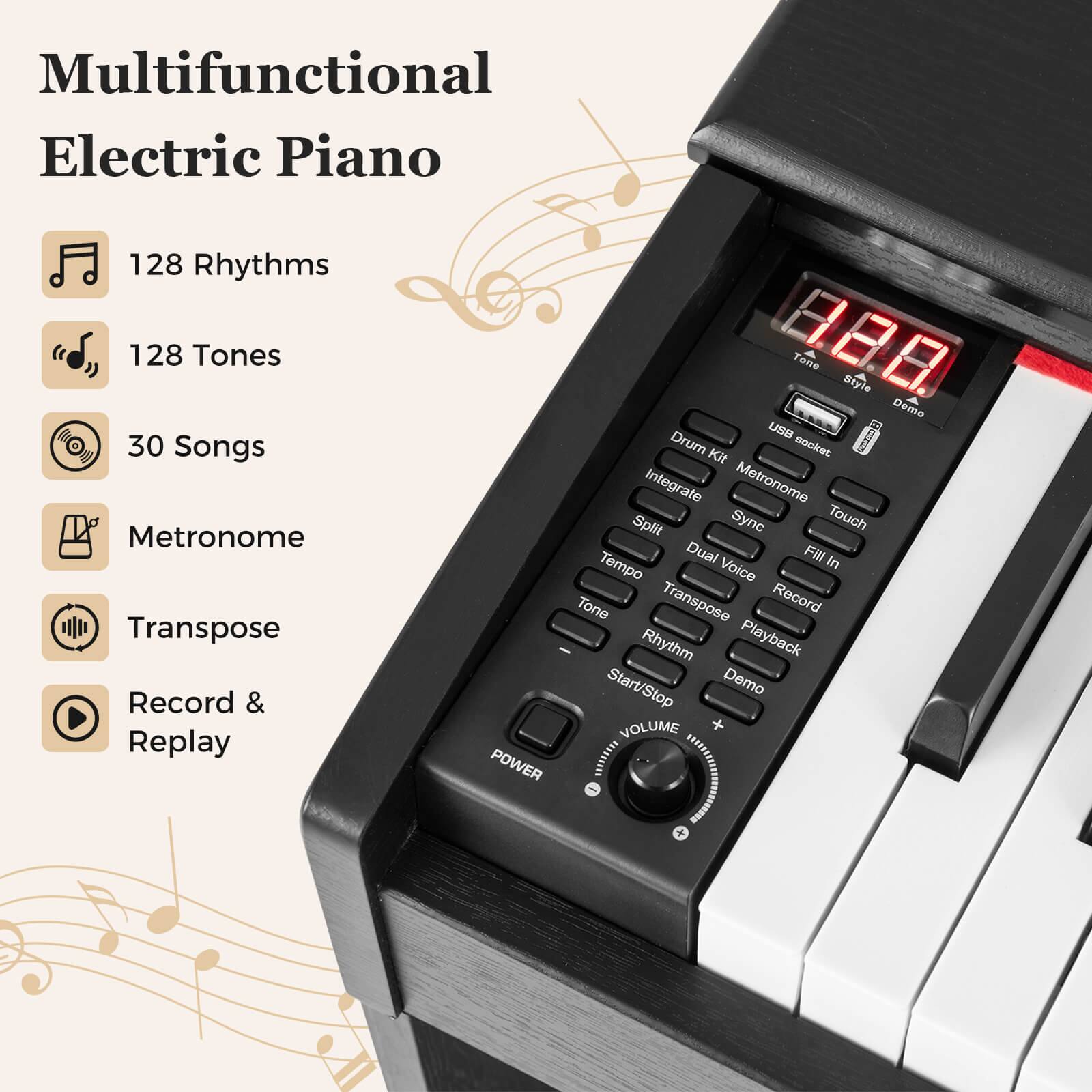 Multifunctional Electric Piano

- 128 Rhythms
- 128 Tones
- 30 Songs
- Metronome
- Transpose
- Record & Replay

Features:
- USB
- 8 Drum Kit socket
- Integrate Metronome
- Split Sync
- Touch
- Dual Fill In
- Tempo
- Voice Tone
- Transpose
- Record
- Rhythm Playback
- Start/Stop
- Demo
- Volume

Controls:
- Tone
- Style
- Drum Kit
- Metronome
- Integrate
- Split
- Sync
- Touch
- Dual Voice
- Fill In
- Tempo
- Transpose
- Record
- Rhythm
- Playback
- Start/Stop
- Demo
- Volume