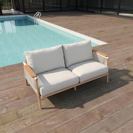Front. Acanva - Modern Aluminum Outdoor Patio Sofa with Thick Cushions, Olefin Fabric Sunroom Backyard Furniture, Loveseat - Light Khaki.