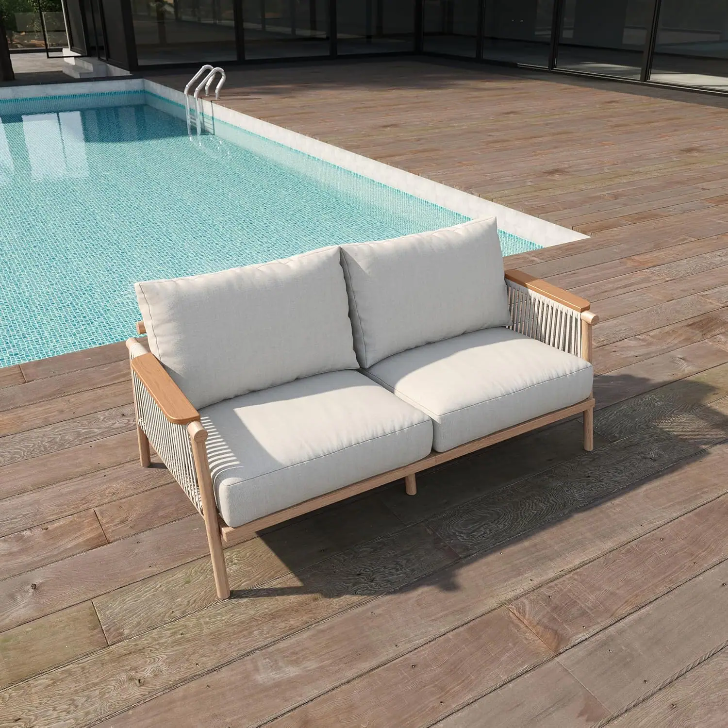 Front. Acanva - Modern  Aluminum Outdoor Patio Sofa with Thick Cushions, Olefin Fabric Sunroom Backyard Furniture,  Loveseat - Light Khaki.