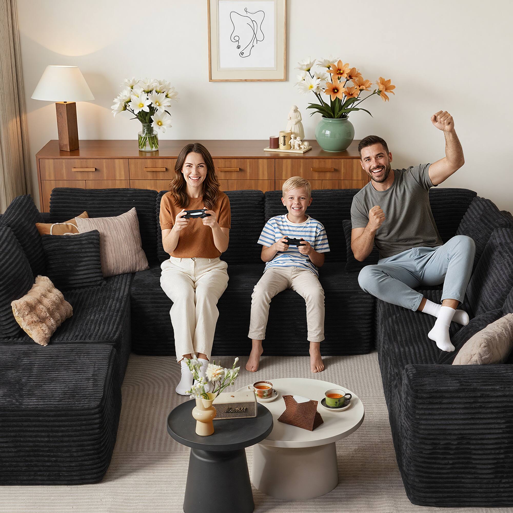 Left. Ovios - 135" Modular Sectional Cloud Sofa, U Shaped Couch with Chaise Lounge for Living Room - Black(H8).