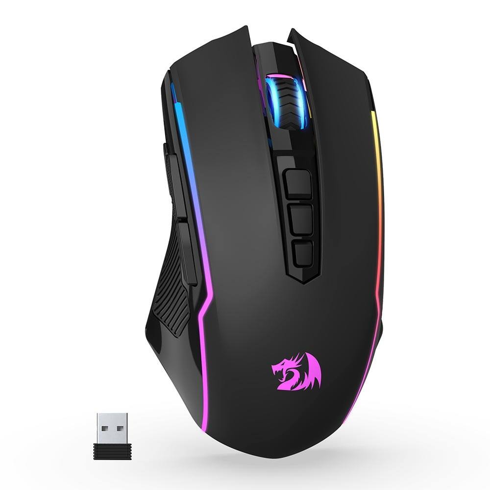 Angle. REDRAGON - M914P Wireless Optical 9 Programmable Button Tri-mode Gaming Mouse with 12,000 DPI HERO Sensor & RGB Lighting - Wireless - Black.