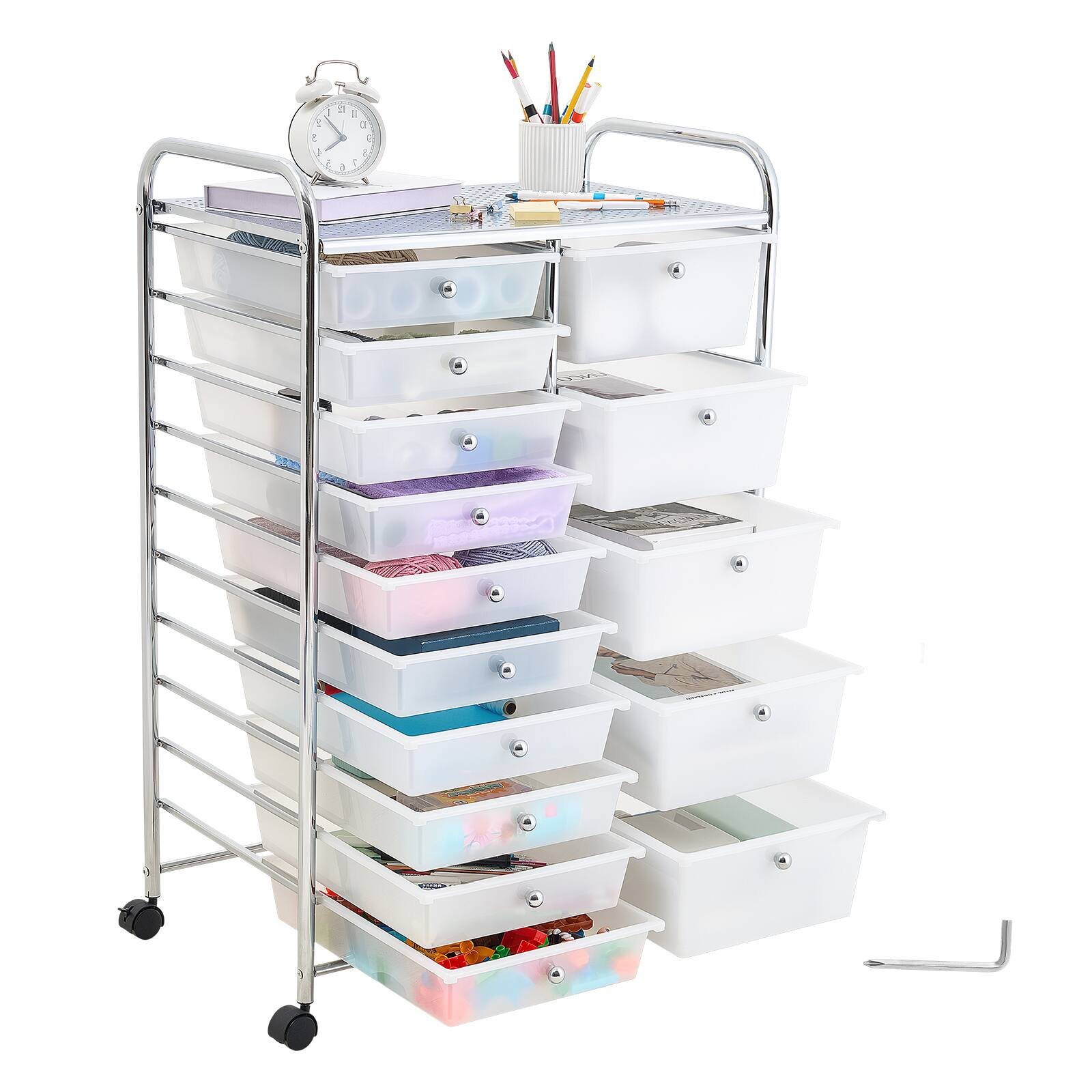 Alt View 5. VEVOR - Rolling Cart with Drawers, Double Row 15 Drawer Storage Organizer, Mobile Utility Cart with Chrome Steel Frame - White.