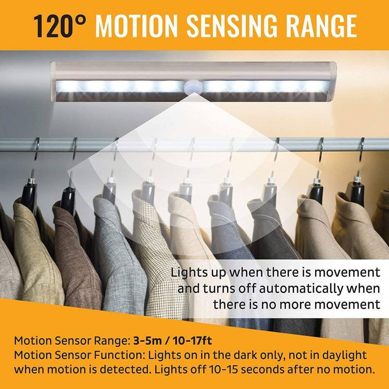 120° Motion Sensing Range

Lights up when there is movement and turns off automatically when there is no more movement.

Motion Sensor Range: 3-5m / 10-17ft

Motion Sensor Function: Lights on in the dark only, not in daylight when motion is detected. Lights off 10-15 seconds after no motion.