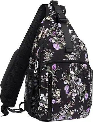 Front. mosiso - Sling Bag Crossbody Shoulder Bag Travel Hiking Daypack Chest Bag with Front Square Pocket&USB Charging Port - Wildflower Bouquet.