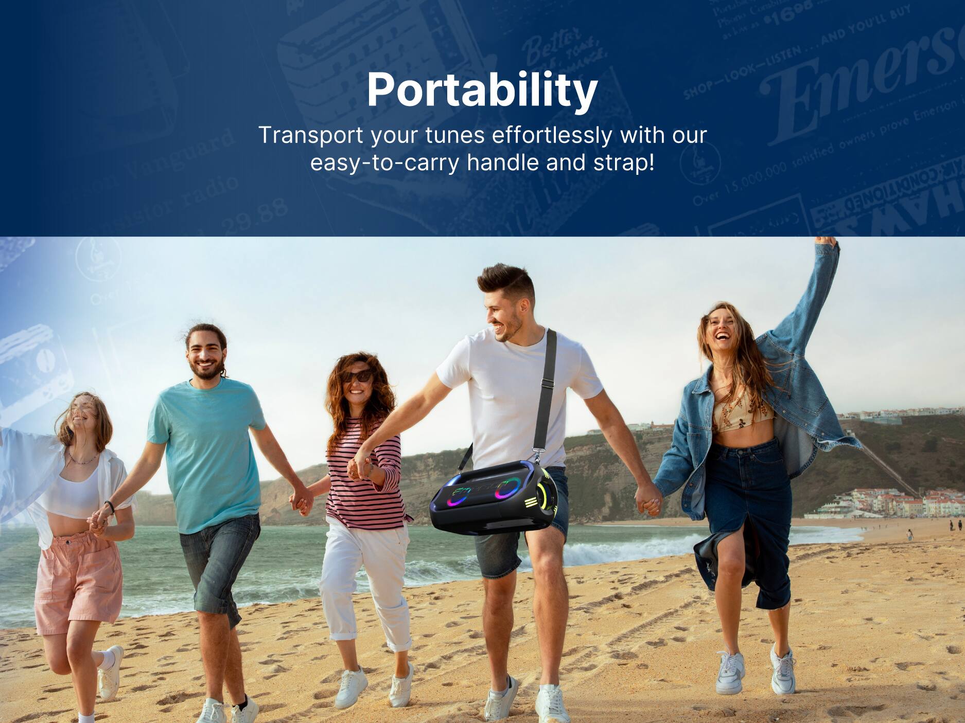 Portability
Transport your tunes effortlessly with our easy-to-carry handle and strap!