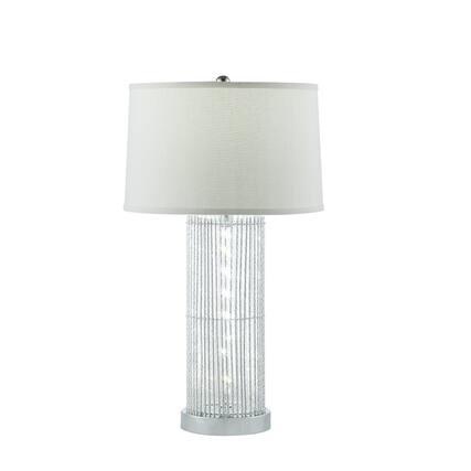 Front. Manhattan Lane - Jin 28 Inch Table Lamp, Drum Fabric Shade, Modern Round Base - Silver, Chrome, White.