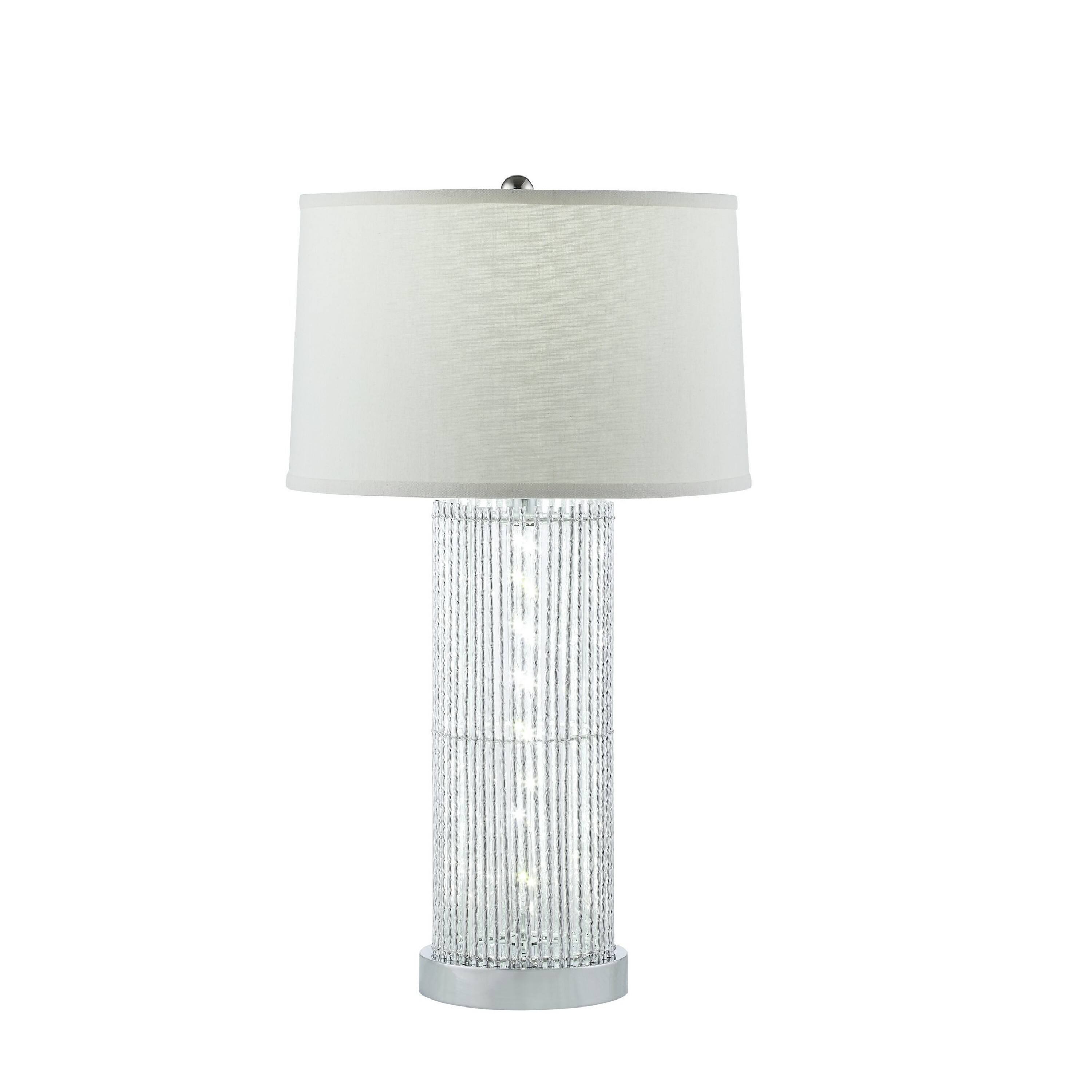 Front. Manhattan Lane - Jin 28 Inch Table Lamp, Drum Fabric Shade, Modern Round Base - Silver, Chrome, White.