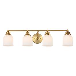 Jonathan Y - Lydia 33.25" 4-Light Farmhouse Cottage Metal LED Vanity Light with Frosted Glass Shades - Brass Gold