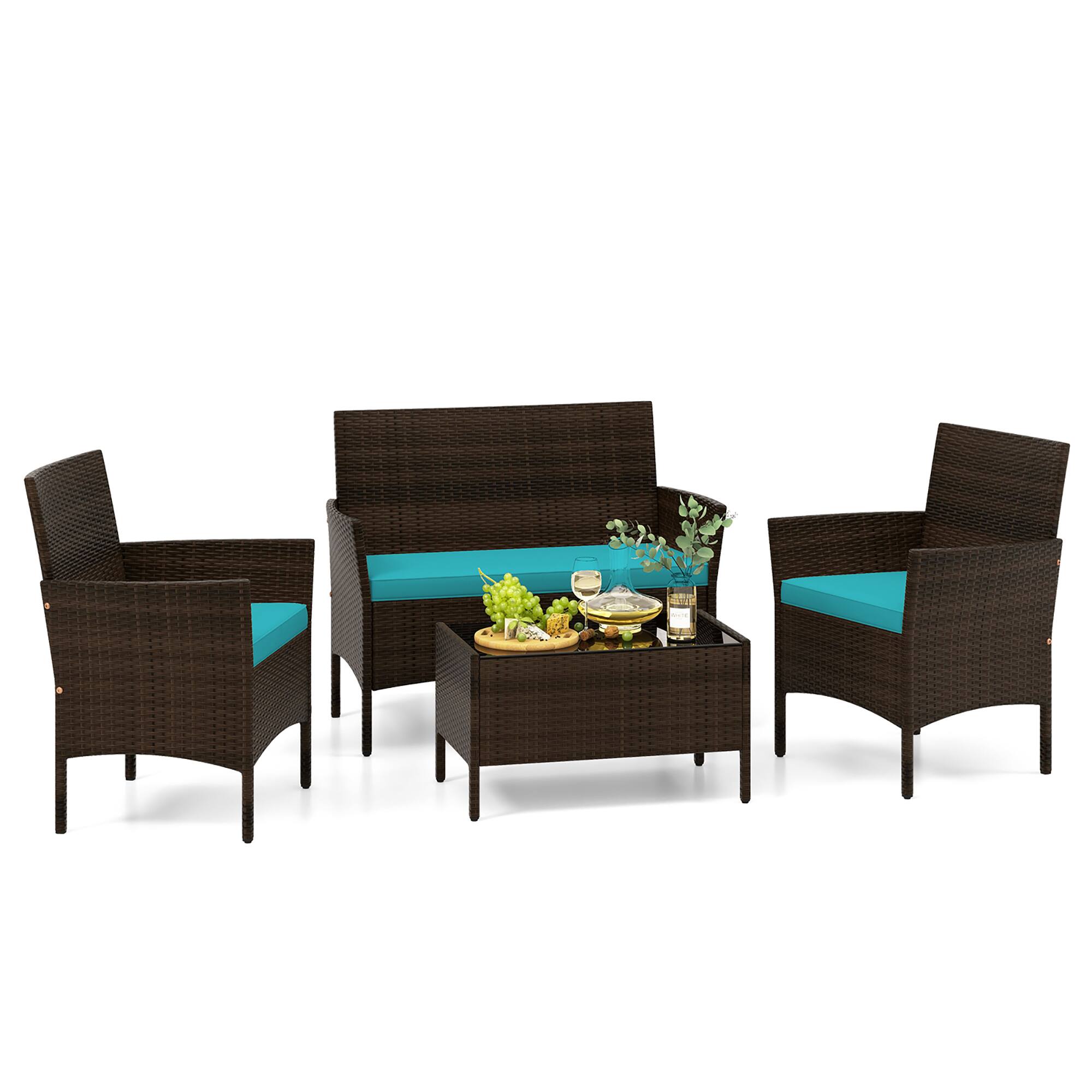 Alt View 1. Gymax - Gymax 4 Piece Patio Rattan Conversation Set Wicker Furniture Set w/ Chair Loveseat Outdoor - Mix Brown, Turquoise.
