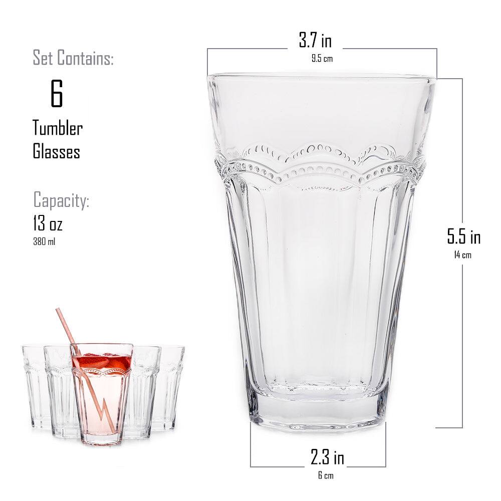 Set Contains:  
6 Tumbler Glasses  

Capacity:  
13 oz  
380 ml  

Dimensions:  
Height: 5.5 in (14 cm)  
Diameter: 3.7 in (9.5 cm)  
Base: 2.3 in (6 cm)