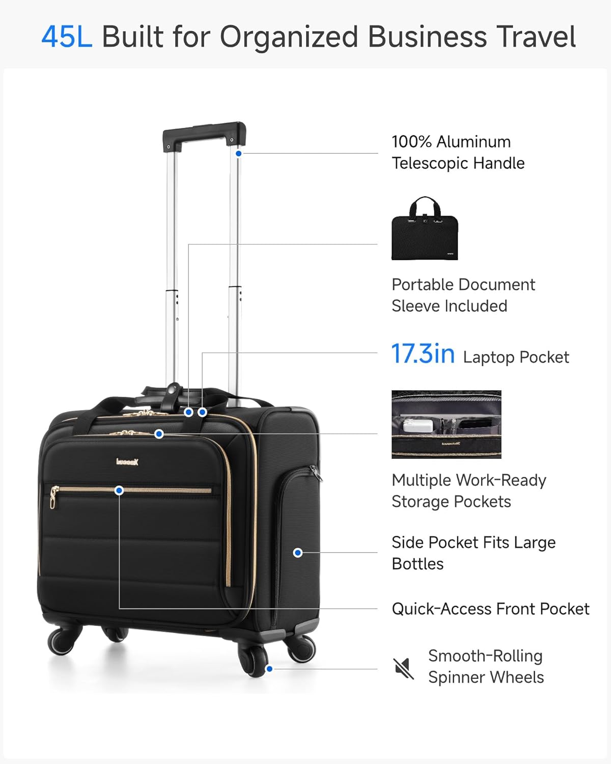 45L Built for Organized Business Travel  
100% Aluminum Telescopic Handle  
Portable Document Sleeve Included  
17.3in Laptop Pocket  
Multiple Work-Ready Storage Pockets  
Side Pocket Fits Large Bottles  
Quick-Access Front Pocket  
Smooth-Rolling Spinner Wheels