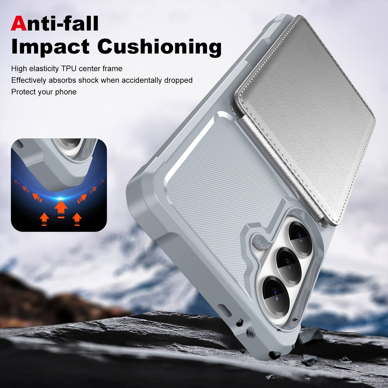 Anti-fall Impact Cushioning

High elasticity TPU center frame
Effectively absorbs shock when accidentally dropped
Protect your phone