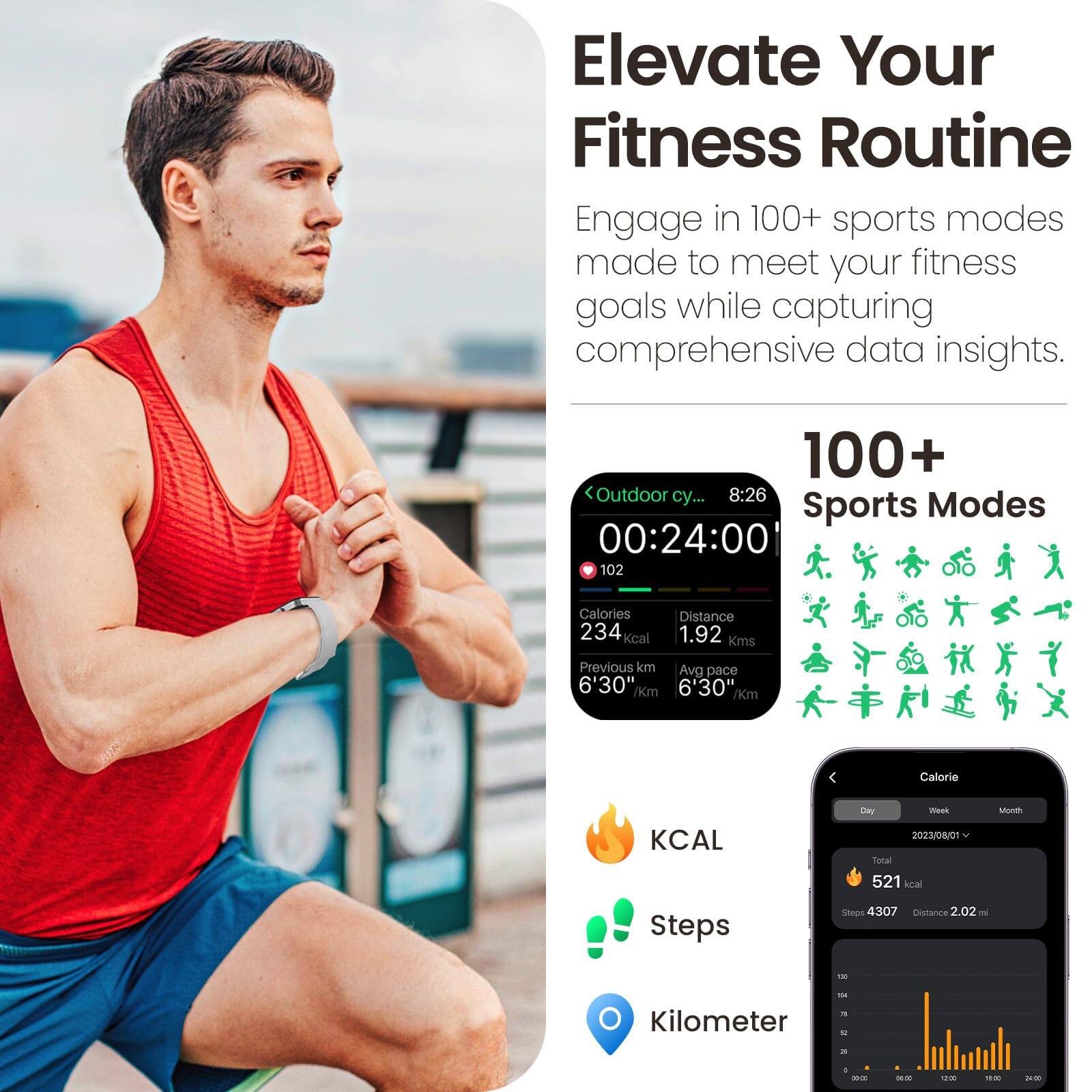 Elevate Your Fitness Routine

Engage in 100+ sports modes made to meet your fitness goals while capturing comprehensive data insights.

100+ Sports Modes

- 8:26
- 00:24:00
- 102 Calories
- 234 Kcal
- Distance 1.92 Kms
- Previous km Avg pace 6'30" /Km
- 6'30" /Km

KCAL
- Day: 2023/0/0
- Total: 521 kcal
- Month

Steps
- 4307

Kilometer
- 2.02