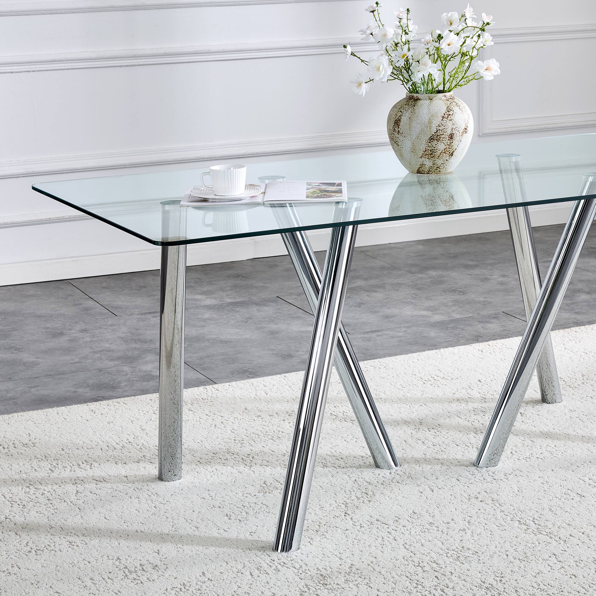 Angle. Loheer - Loheer- 5.9x3 Ft Modern Rectangular Dining Table Large Kitchen Table for 6 to 8 Seater Family Meals - Silver.