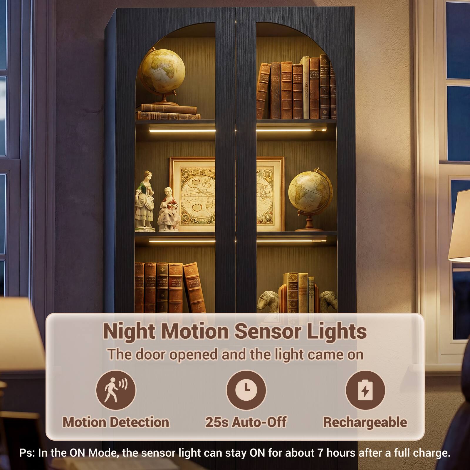 Night Motion Sensor Lights  
The door opened and the light came on  

Motion Detection  
25s Auto-Off  
Rechargeable  

Ps: In the ON Mode, the sensor light can stay ON for about 7 hours after a full charge.