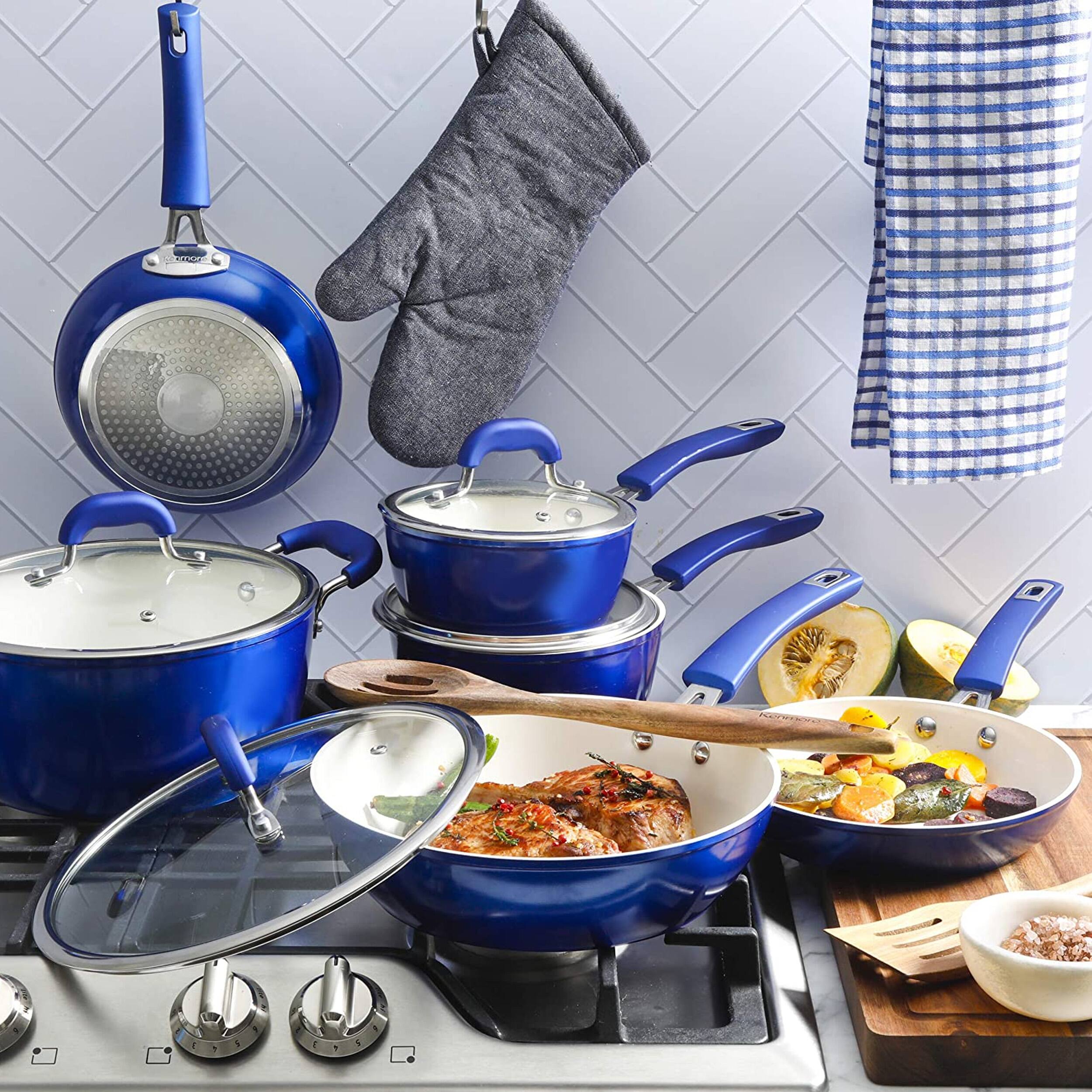 Alt View 2. Kenmore - Kenmore Arlington 12 Piece Aluminum Ceramic Coated Nonstick Cookware Set in Metallic Blue - Metallic Blue.