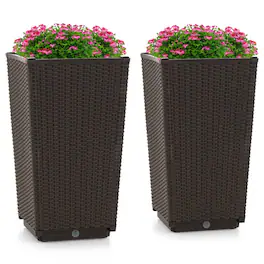 Mondawe - 2 Pack Outdoor Wicker Planters with Self-Watering System and Drainage Holes for Patio - Brown