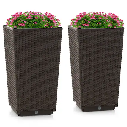 Front. Mondawe - 2 Pack Outdoor Wicker Planters with Self-Watering System and Drainage Holes for Patio - Brown.