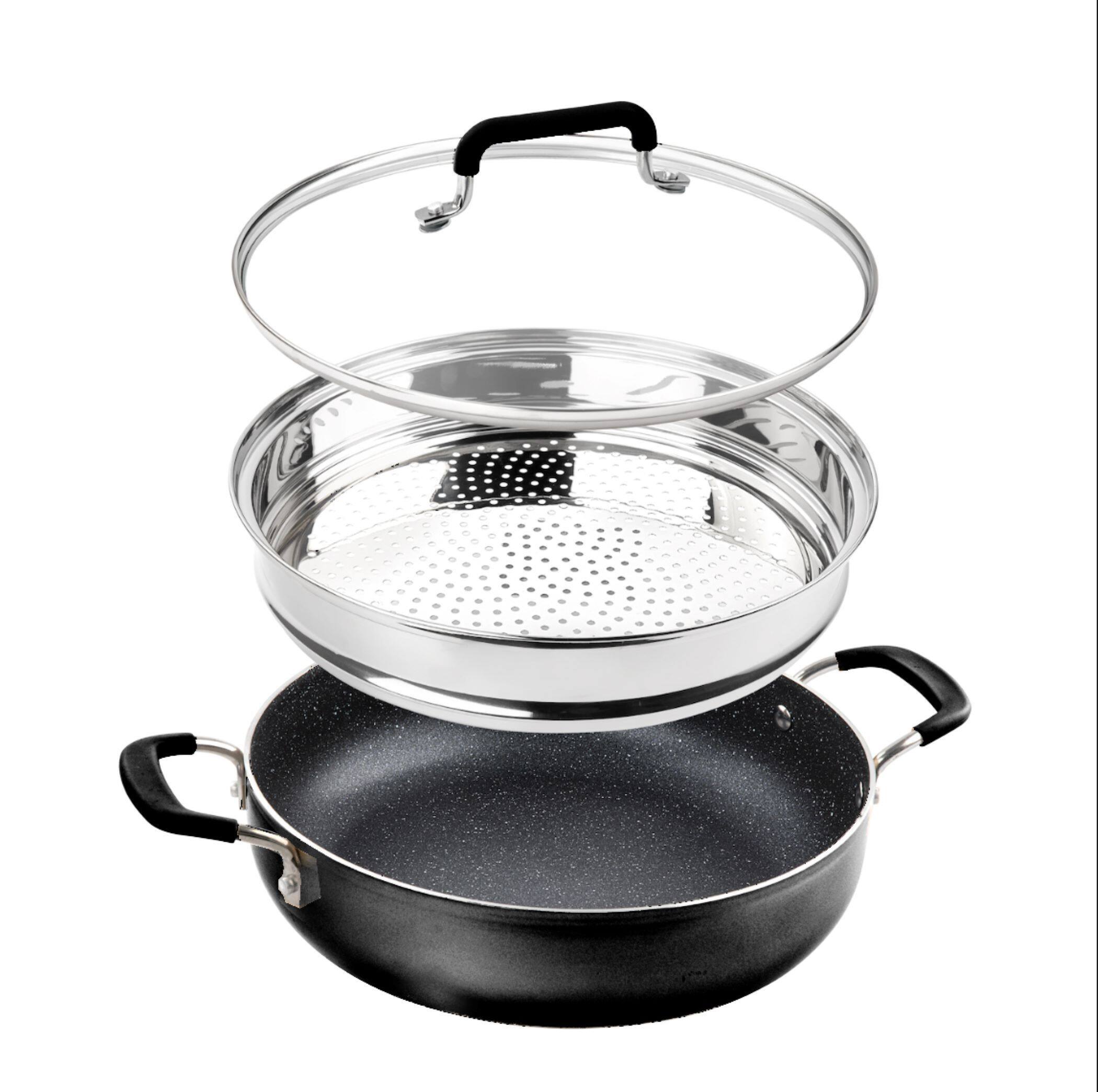 Alt View 1. Granitestone - Granitestone Black 3 Piece Nonstick 5.5 Qt Everyday Pan with Lid and Steamer Insert – Speckled Multipurpose Cookware Set - Black.