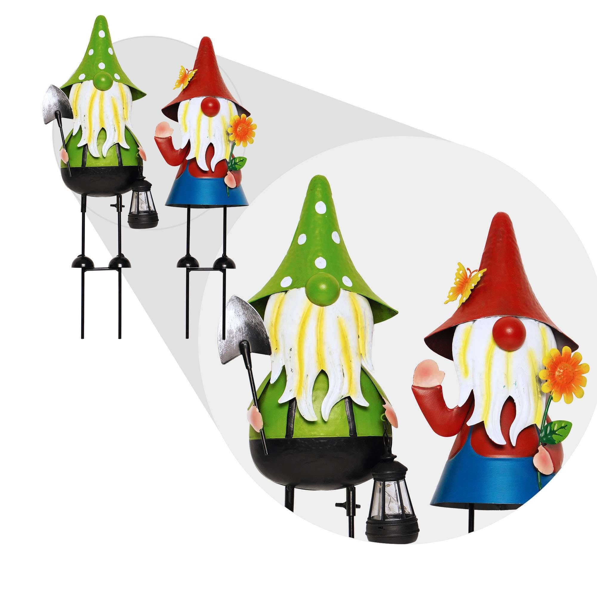 G128 - Solar Gnome Garden Statues Set of 2 for Outdoor Decor - green, red, yellow, black