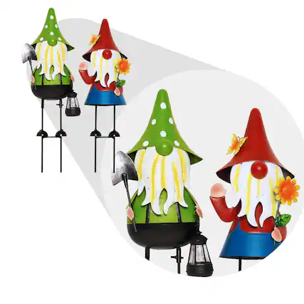 Front. G128 - Solar Gnome Garden Statues Set of 2 for Outdoor Decor - green, red, yellow, black.
