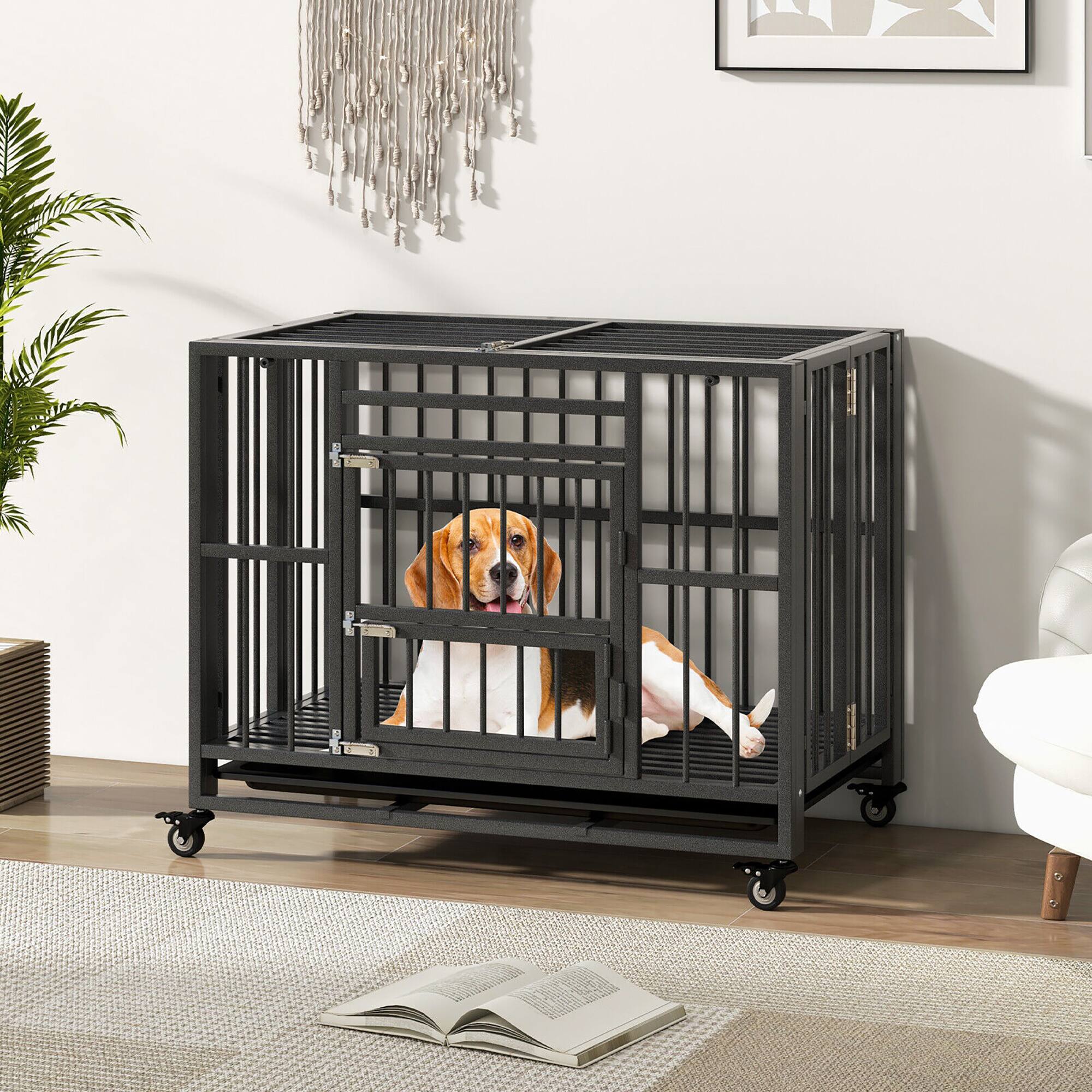 Alt View 1. Gymax - Gymax Foldable Heavy-Duty Metal Dog Cage w/ Lockable Universal Wheels 3 Lockable Doors.