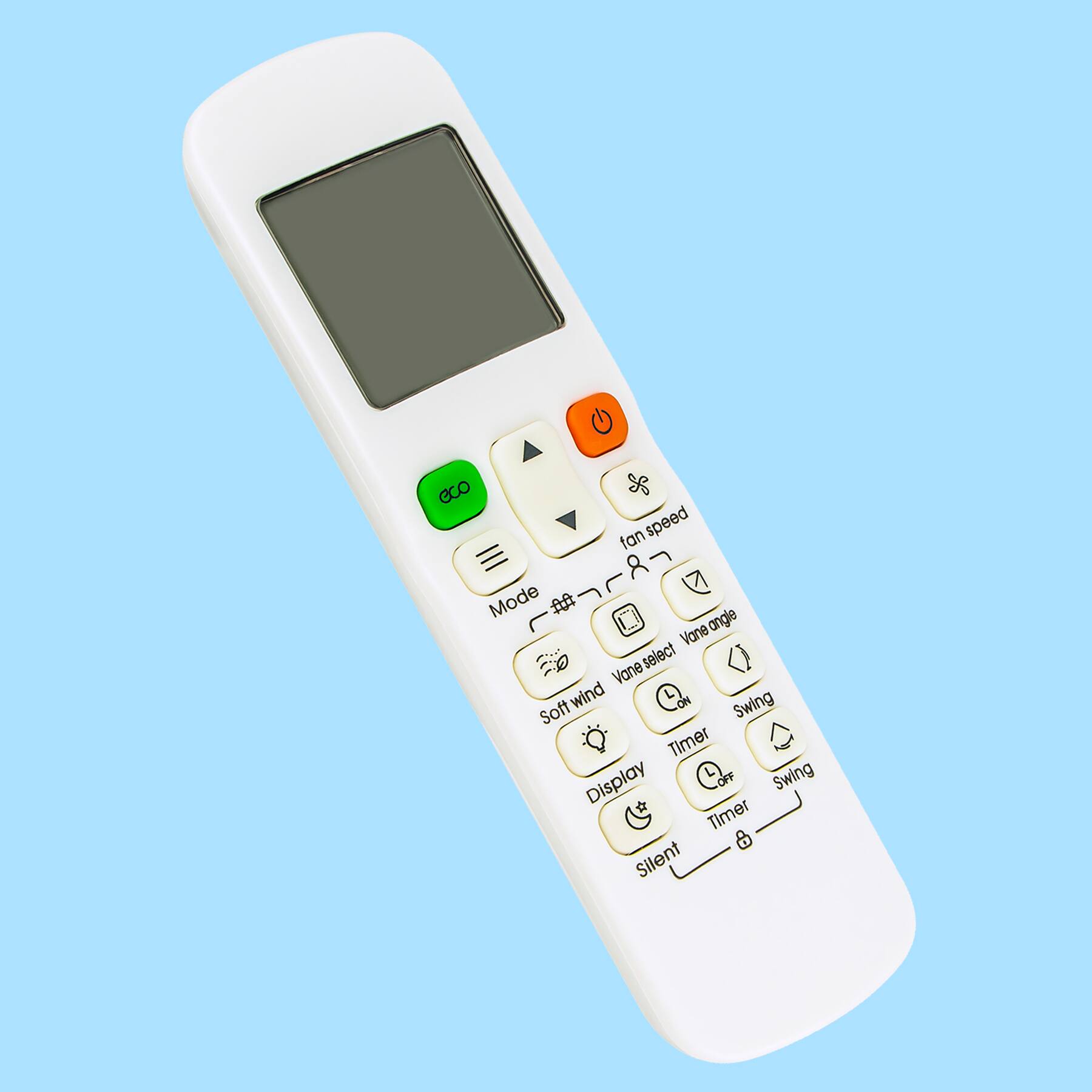 - Eco
- Fan speed
- Mode
- Vane select
- Vane angle
- Soft wind
- Swing
- Timer
- Display
- Silent
- Power
- Timer
- Swing