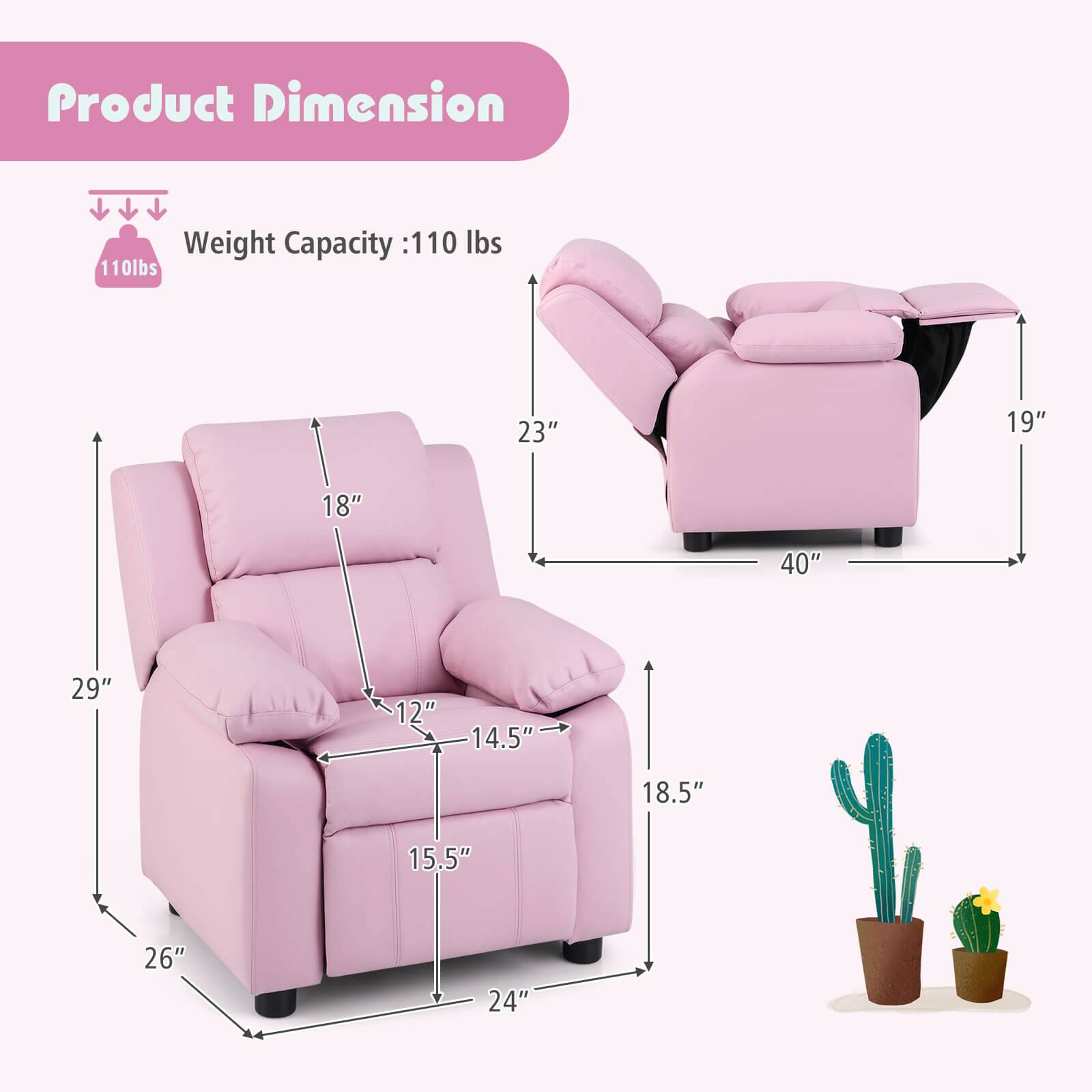 Product Dimension  
Weight Capacity: 110 lbs  

Dimensions:  
- 40" (width)  
- 23" (height)  
- 19" (height reclined)  
- 26" (depth)  
- 29" (height from floor to seat)  
- 18" (seat height)  
- 14.5" (seat depth)  
- 15.5" (seat width)  
- 18.5" (armrest height)  
- 24" (armrest width)