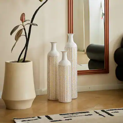 Front. Anysun - Modern White Metal Floor Vase 3-Piece Set - Glazed Finish for Home Decoration, Large Sizes - White.