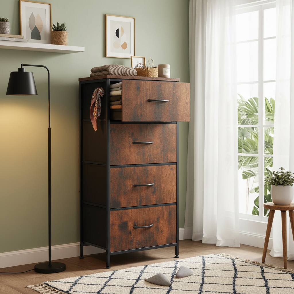 Angle. AOITUN - 4 Drawer Fabric Dresser for Bedroom, Tall Chest of Drawer Organizer Storage Cabinet for Closet, Entryway, Rust Brown - Rustic.