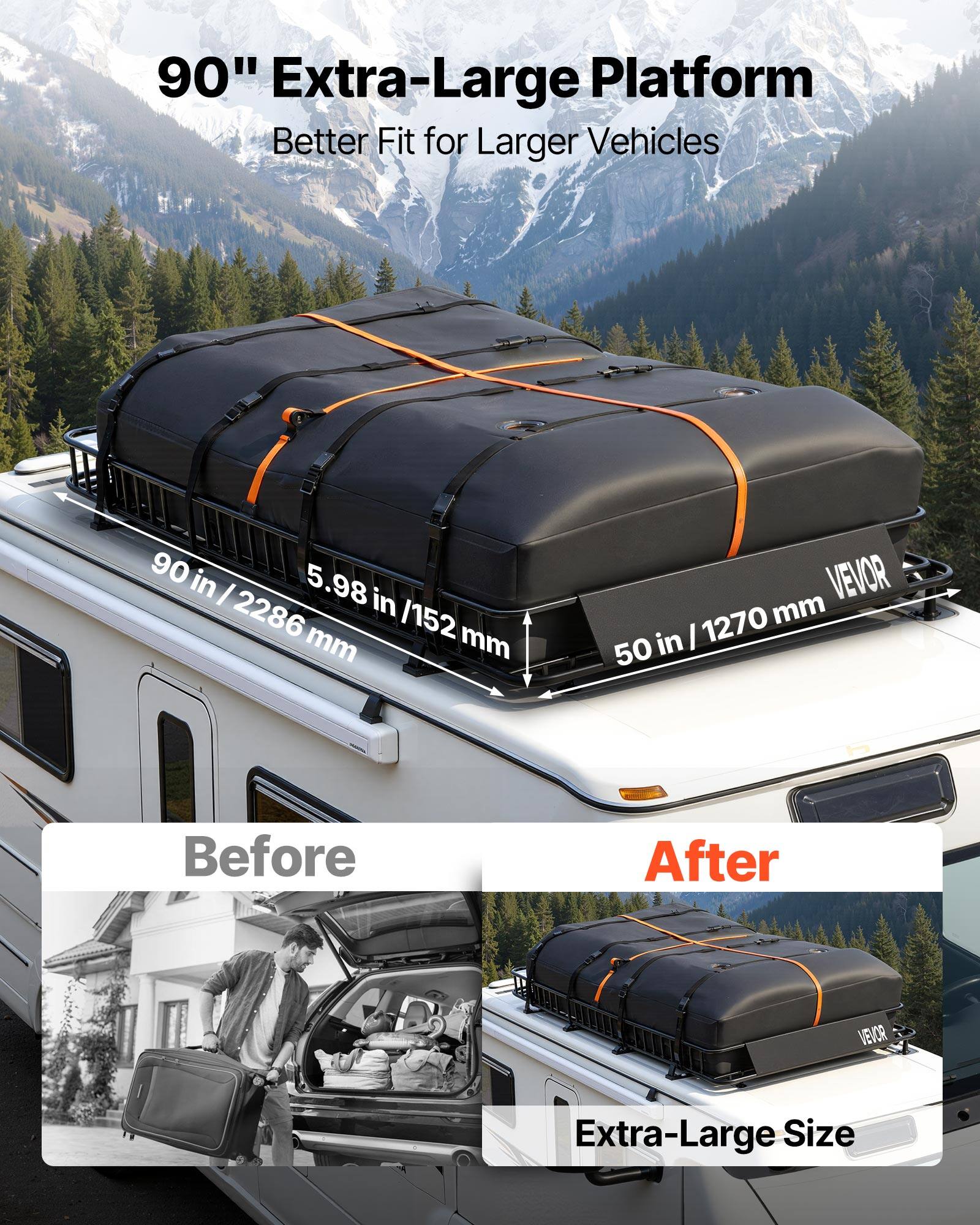 90" Extra-Large Platform  
Better Fit for Larger Vehicles  

90 in / 2286 mm  
5.98 in / 152 mm  
50 in / 1270 mm  

Before  
After  

Extra-Large Size