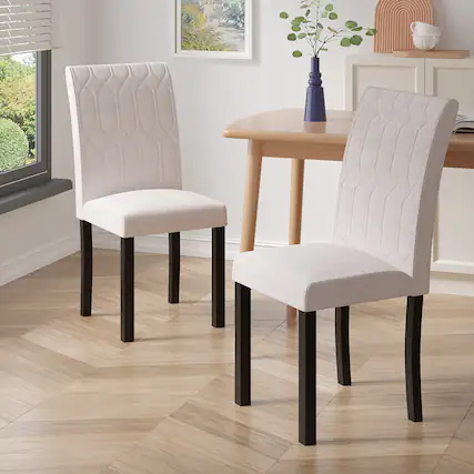 Angle. Vecelo - Set of 4 PU Leather Dining Chairs - Ergonomic High Back Chairs With Solid Wood Legs - Beige.