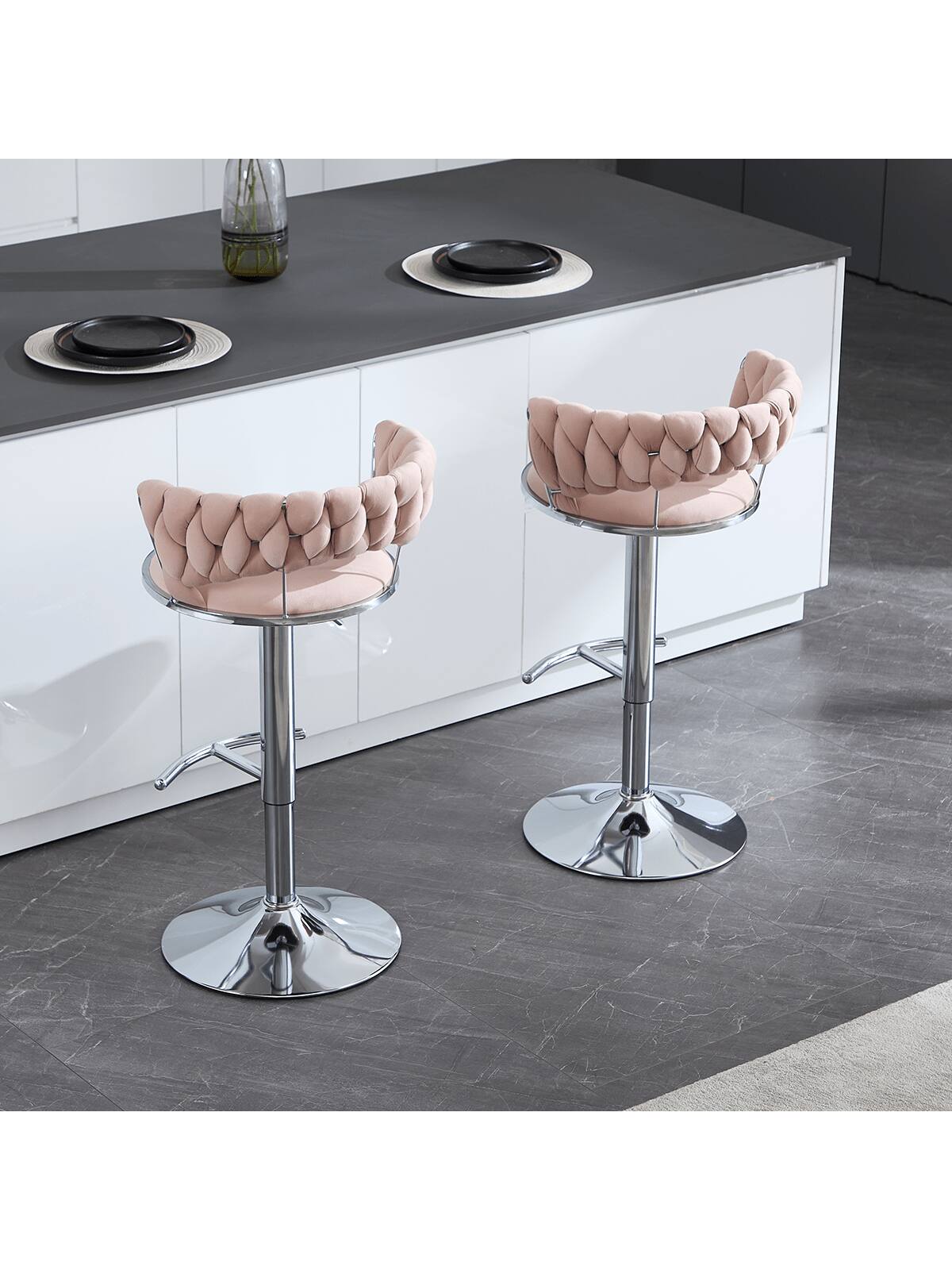 Alt View 1. Trinkets Crazed - Velvet Bar Stools Set Of 2, Modern Swivel Barstools With Woven Backrest, Adjustable Counter Stools - Pink.