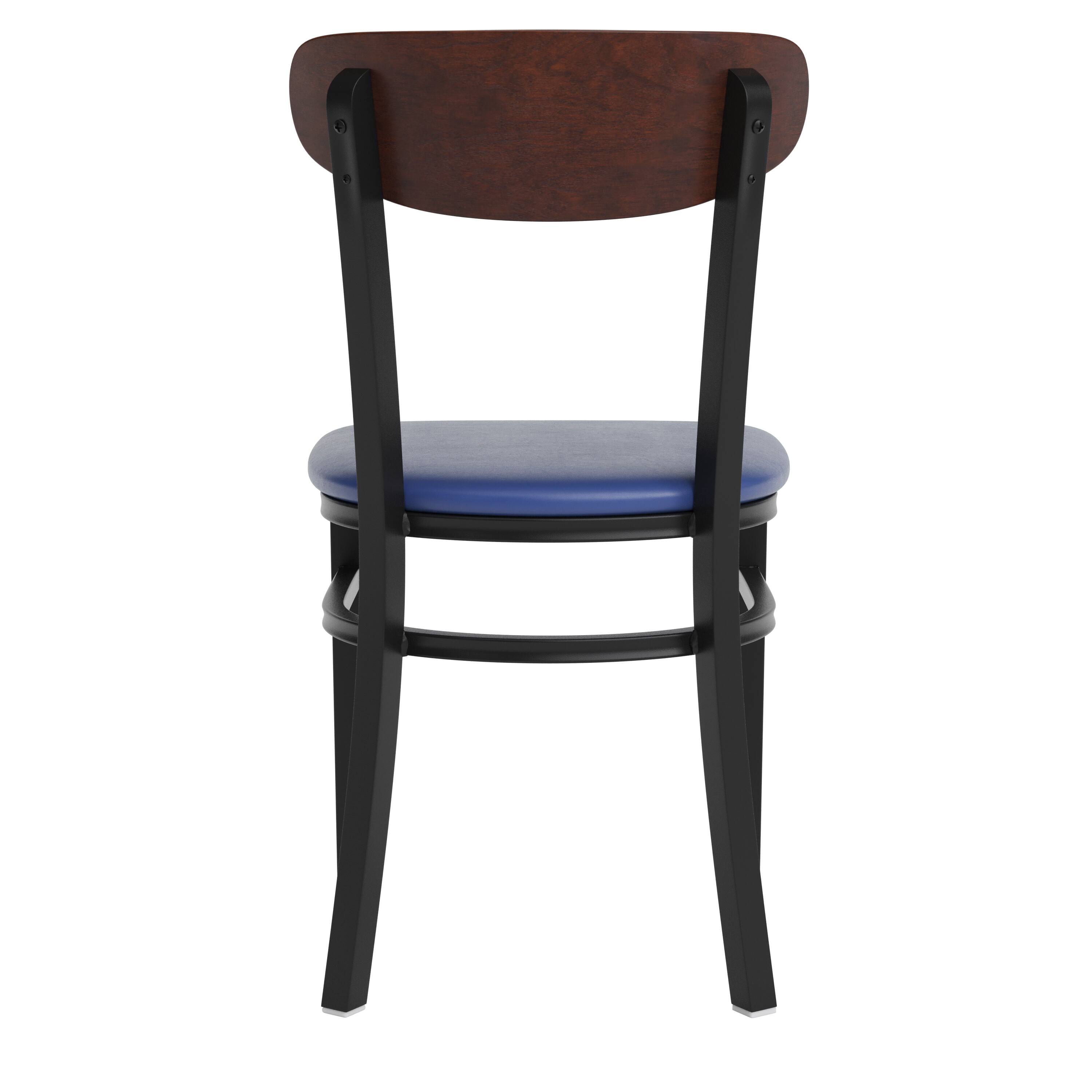 Alt View 7. Emma + Oliver - Yara Industrial Dining Chair with Rolled Steel Frame and Solid Wood Seat - 500 lbs. Static Weight Capacity - Walnut Wood Back/Blue Vinyl Seat.