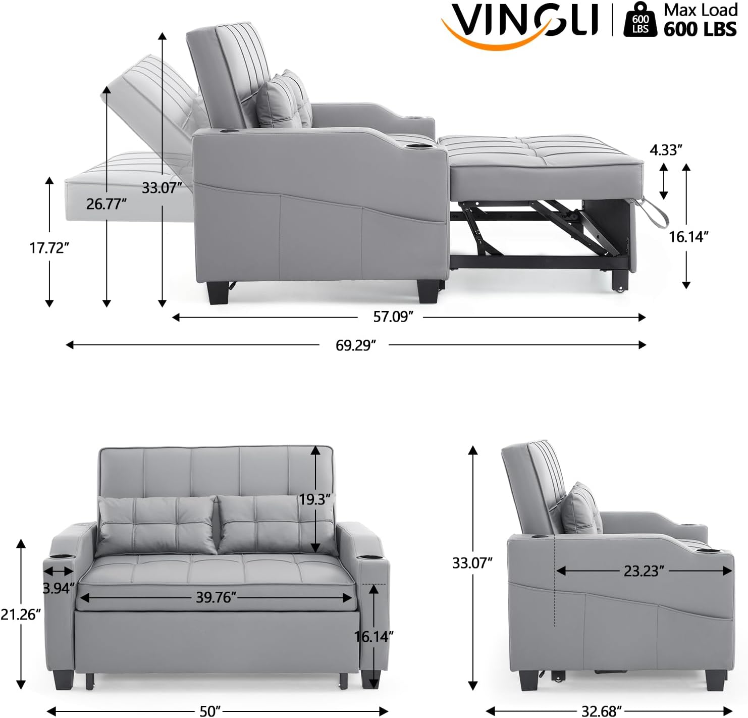 Max Load VINGLI | 600 LBS

Dimensions:
- 69.29" (length)
- 57.09" (length)
- 33.07" (height)
- 26.77" (height)
- 17.72" (depth)
- 16.14" (depth)
- 16.14" (depth)
- 39.76" (width)
- 21.26" (width)
- 19.3" (height)
- 3.94" (height)
- 4.33" (height)
- 23.23" (width)
- 32.68" (length)