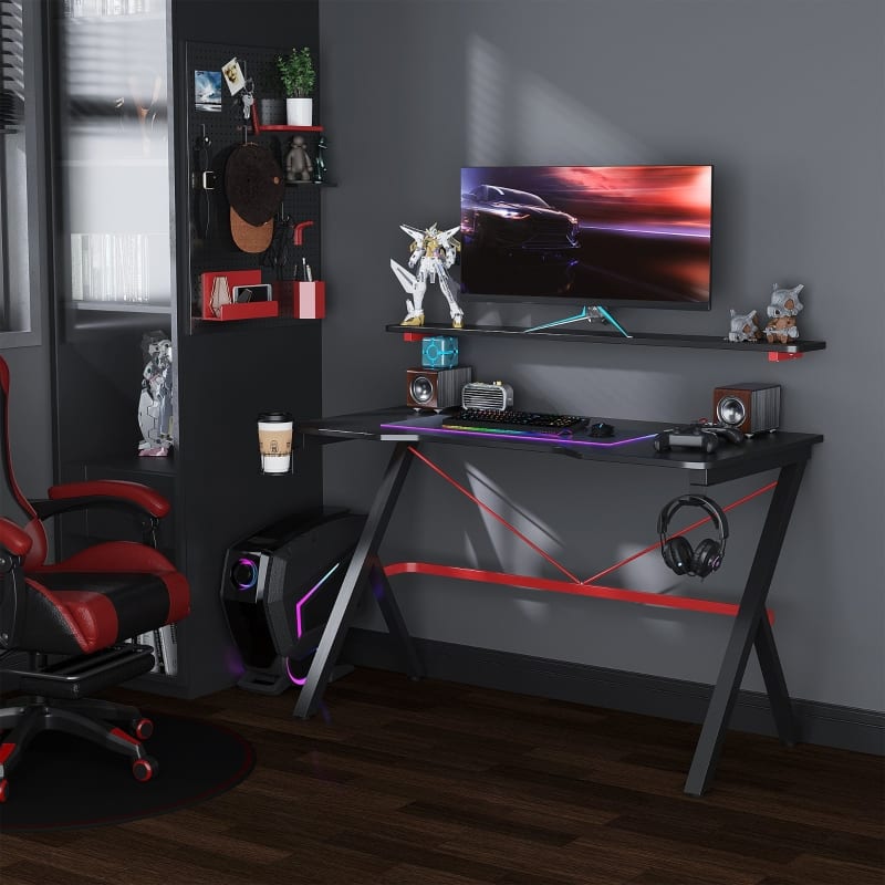 Anysun - 47 Inch Gaming Desk with Monitor Shelf, Cup Holder & Headphone Hook, Computer Workstation for Home Office - Black