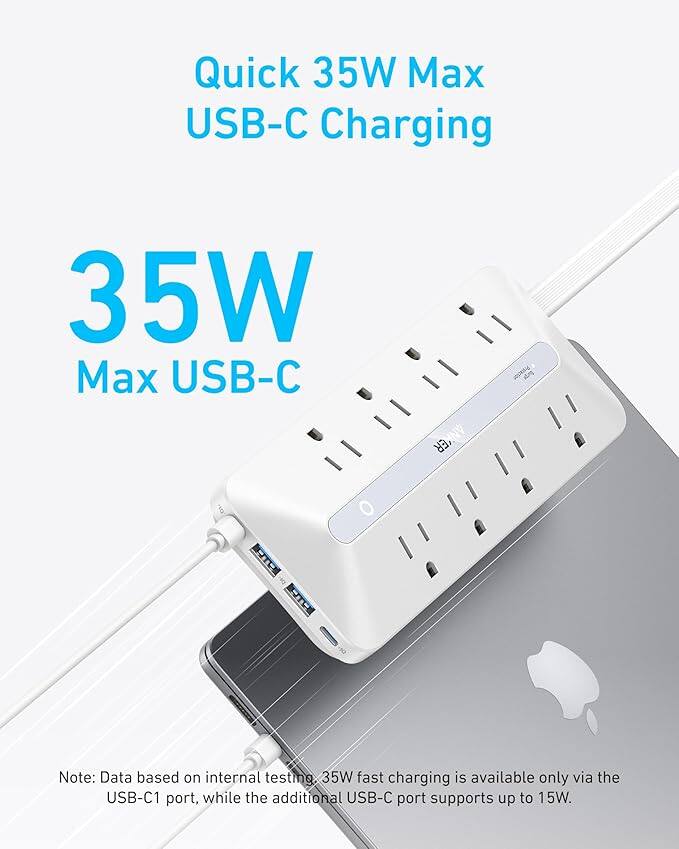 Quick 35W Max USB-C Charging  
35W Max USB-C  

Note: Data based on internal testing. 35W fast charging is available only via the USB-C1 port, while the additional USB-C port supports up to 15W.
