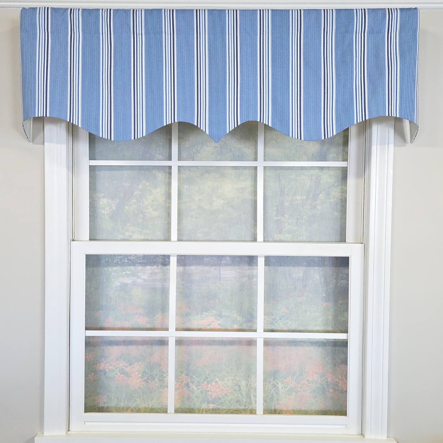 Angle. RLF Home - RLF Home 100% Cotton Freya Stripe Regal  Fully lined Windows Rod Pocket Valance 50" x 17"  Blue - Blue.