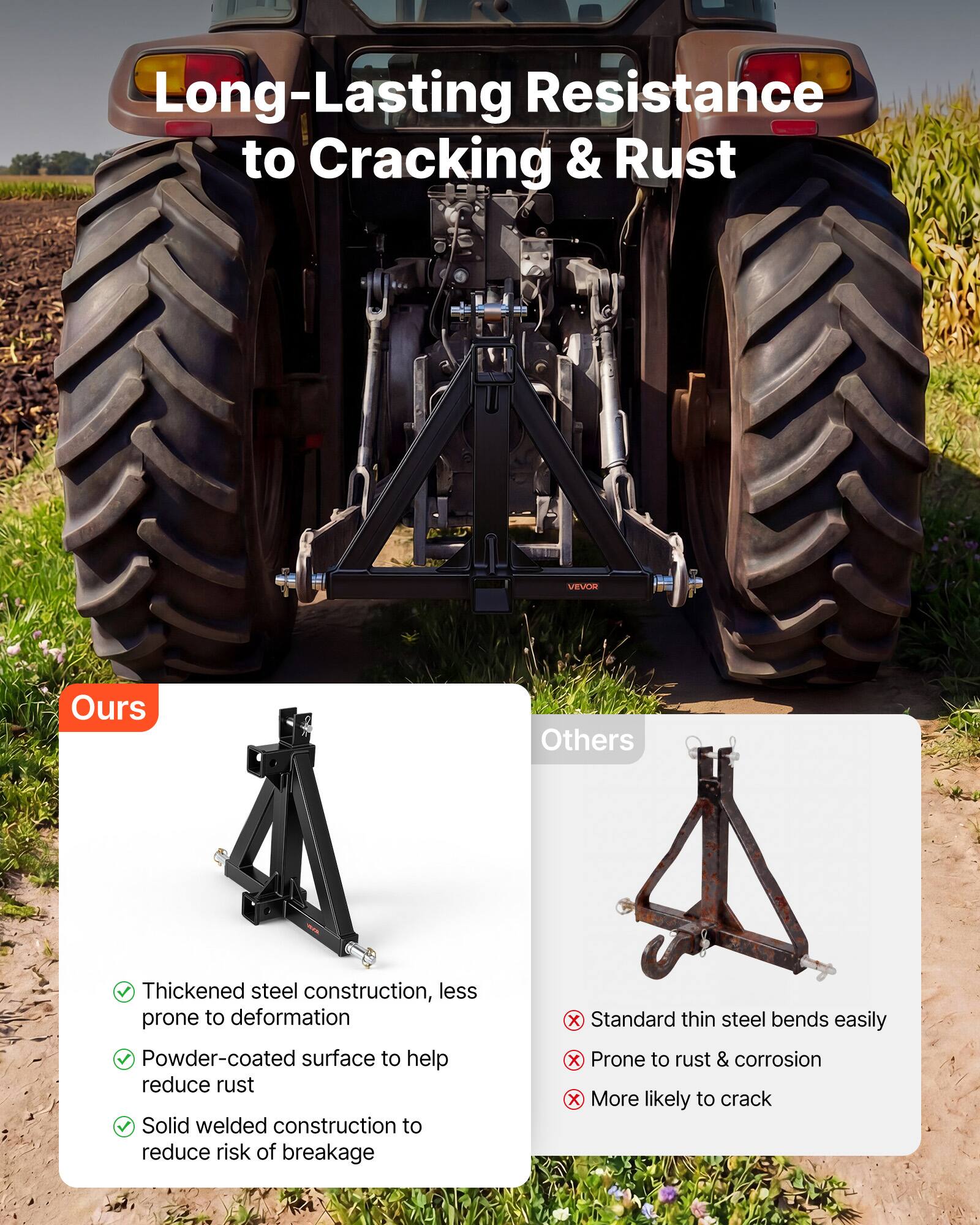 Long-Lasting Resistance to Cracking & Rust

**Ours**
- Thickened steel construction, less prone to deformation
- Powder-coated surface to help reduce rust
- Solid welded construction to reduce risk of breakage

**Others**
- Standard thin steel bends easily
- Prone to rust & corrosion
- More likely to crack