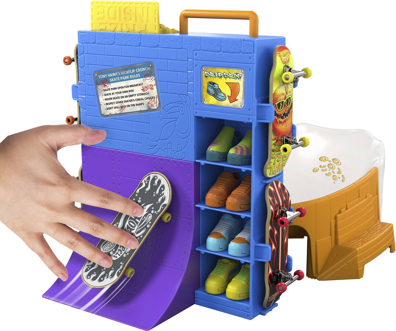 INSIDE SVJ KICKFLIP CRUNCH TONY HAWK'S RULES SKATE PARK FOR 2AHANRS PARK OPEN MATE RM TOUR OWN SKATE aT STOMACH CI AN EMPTT NEVER SRATE CERIAL CHOKES OTHER SEATIRS RESPECT THE RAMPS MULK ON DONT SPILL DATP DAOP ON eels