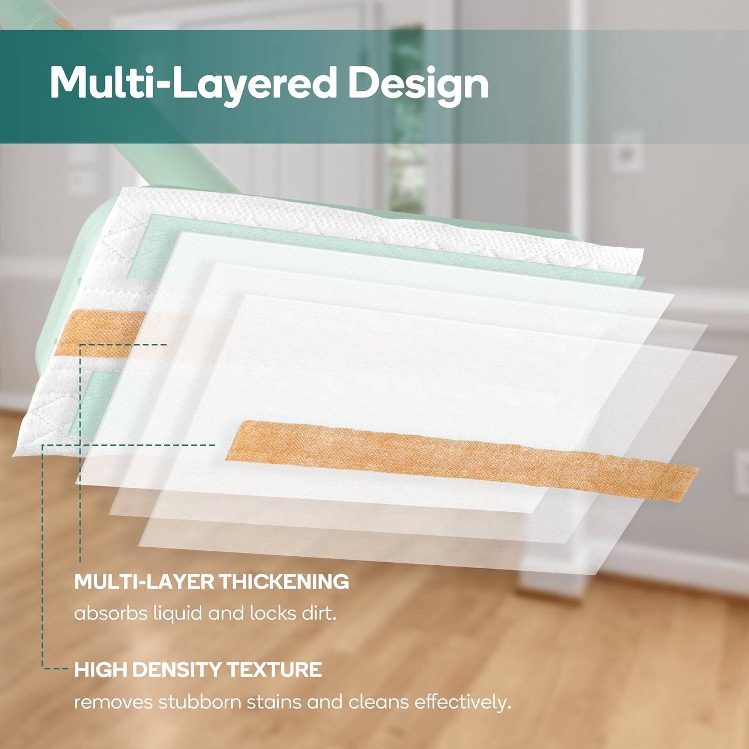 Multi-Layered Design

MULTI-LAYER THICKENING absorbs liquid and locks dirt.

HIGH DENSITY TEXTURE removes stubborn stains and cleans effectively.