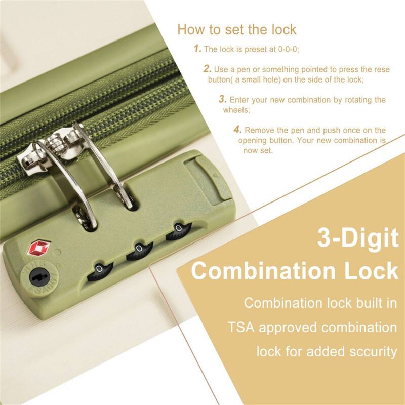 How to set the lock  
1. The lock is preset at 0-0-0;  
2. Use a pen or something pointed to press the reset button (a small hole) on the side of the lock;  
3. Enter your new combination by rotating the wheels;  
4. Remove the pen and push once on the opening button. Your new combination is now set.  

HG 8A00  
3-Digit Combination Lock  
Combination lock built in TSA approved combination lock for added security