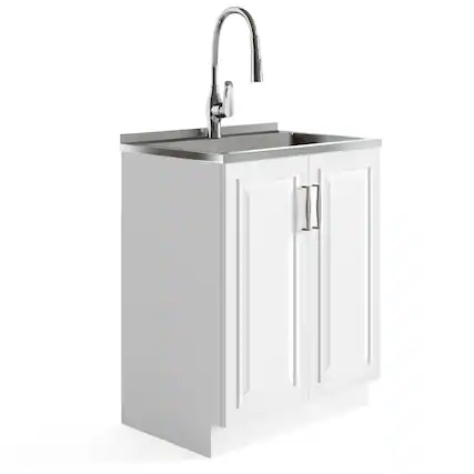 Front. Simpli Home - Darwin All-in-One 28-inch Utility Sink & Cabinet - Pure White.