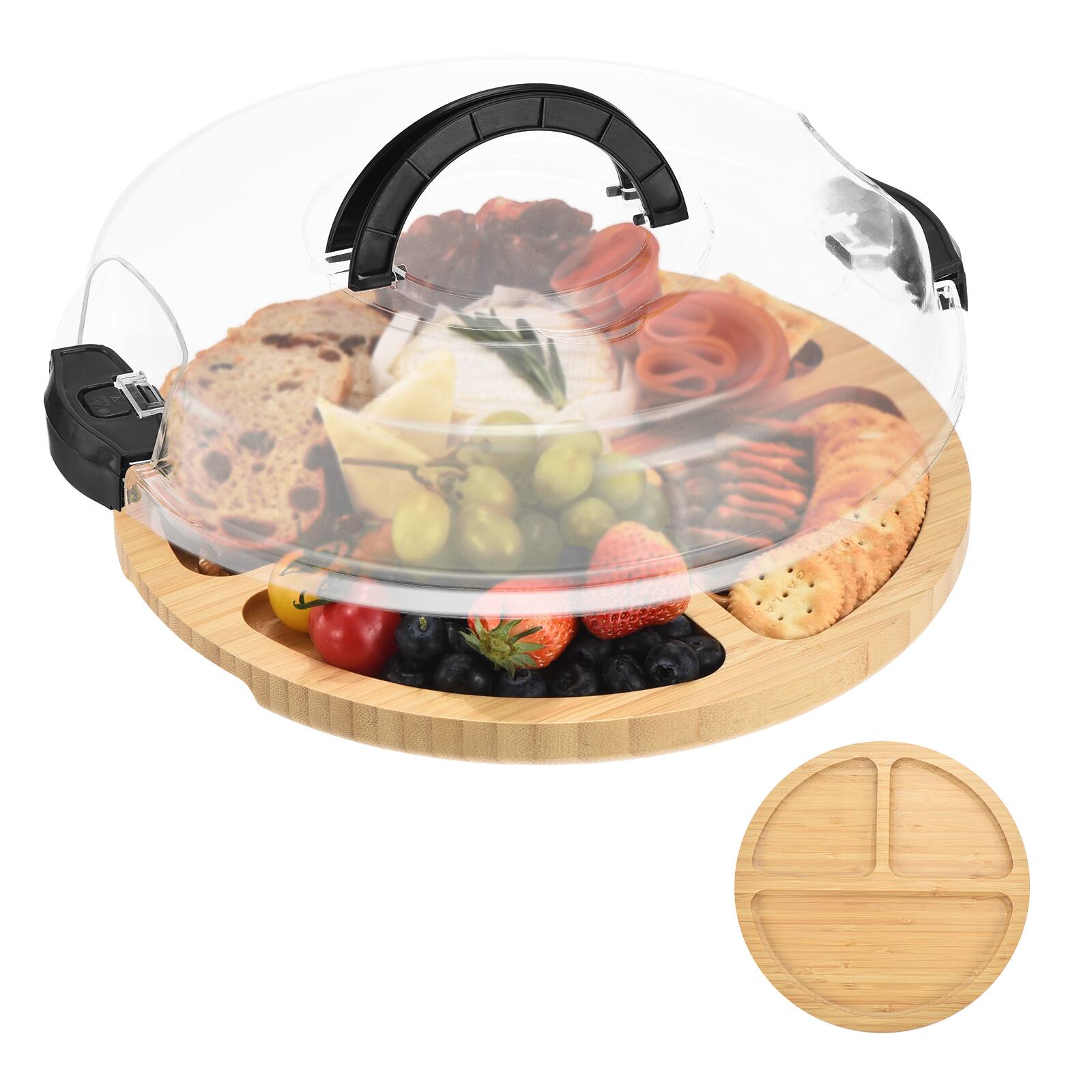 Unique Bargains - Round Charcuterie Board with Lid & Handle, Portable Cheese Board, Bamboo Cutting Board, Gifts - Black price history on PriceWatchPro